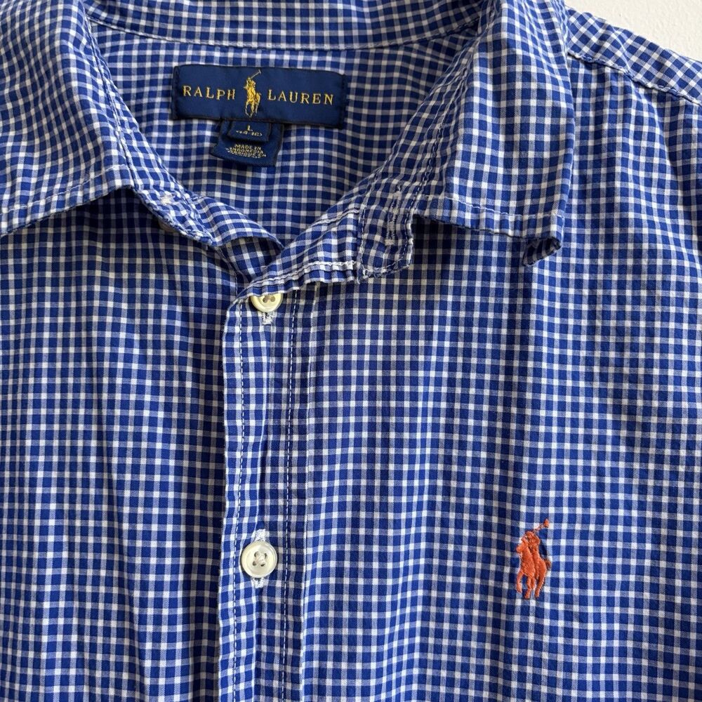 Ralph Lauren Blue Gingham Womens Small* Button Down Cotton Orange Pony Oxford - Picture 7 of 11